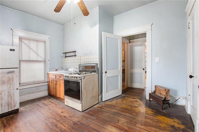 kitchen with backsplash, white appliances, ceiling fan, sink, and dark hardwood / wood-style floors