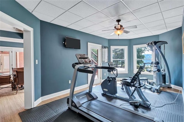 exercise area with ceiling fan, a drop ceiling, wood finished floors, and baseboards