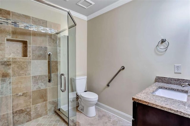 bathroom featuring crown molding, visible vents, toilet, a stall shower, and vanity