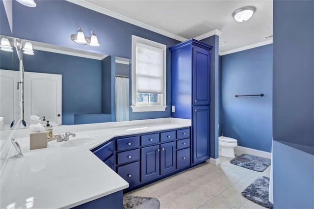 full bathroom featuring crown molding, toilet, vanity, baseboards, and tile patterned floors