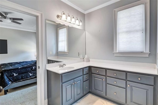 bathroom featuring ornamental molding, marble finish floor, ceiling fan, and vanity