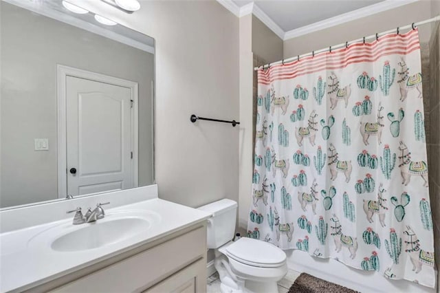 full bath with shower / bathtub combination with curtain, crown molding, vanity, and toilet