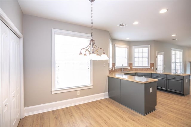 kitchen with gray cabinetry, sink, decorative light fixtures, light hardwood / wood-style flooring, and kitchen peninsula