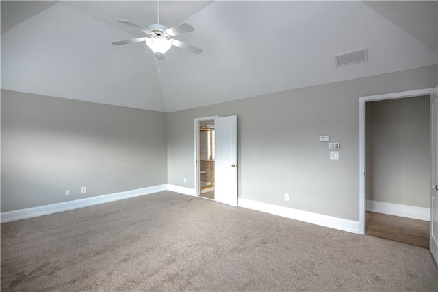 interior space with ceiling fan and vaulted ceiling