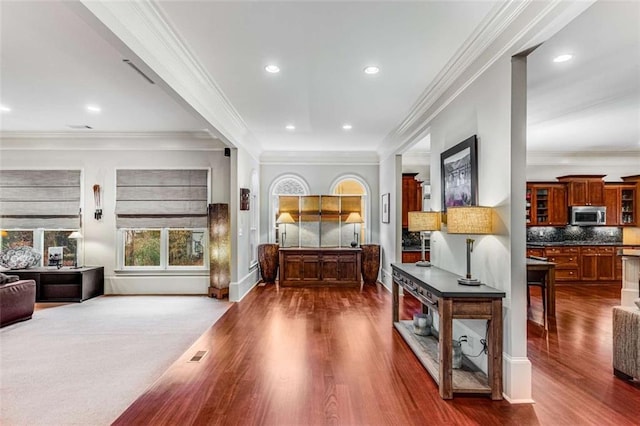 1109 Pine Grove Ave NE, Brookhaven, GA 30319 - corridor with crown molding, dark wood-style flooring, recessed lighting, and baseboards