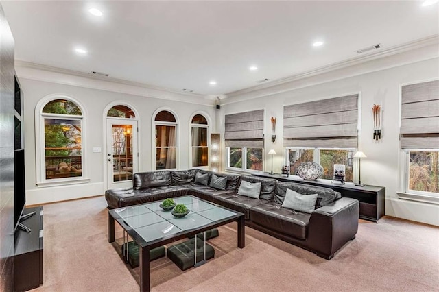 1109 Pine Grove Ave NE, Brookhaven, GA 30319 - carpeted living room featuring ornamental molding, recessed lighting, and baseboards