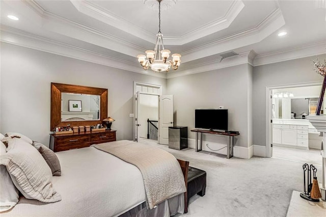 1109 Pine Grove Ave NE, Brookhaven, GA 30319 - bedroom with a chandelier, light colored carpet, ornamental molding, connected bathroom, and a raised ceiling