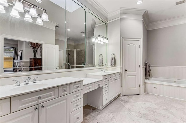 1109 Pine Grove Ave NE, Brookhaven, GA 30319 - bathroom with crown molding, a shower stall, double vanity, a bath, and recessed lighting