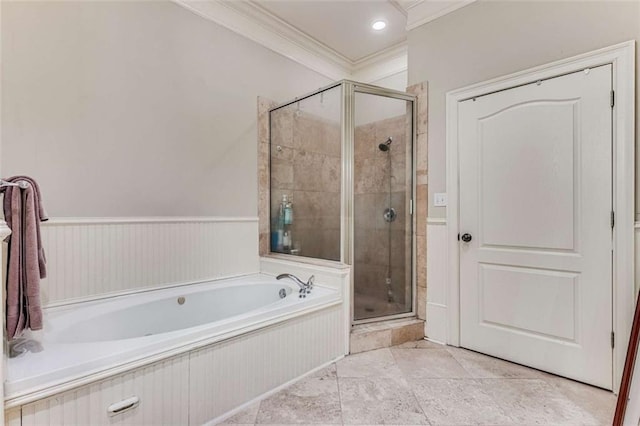1109 Pine Grove Ave NE, Brookhaven, GA 30319 - full bathroom with ornamental molding, a shower stall, a garden tub, and wainscoting