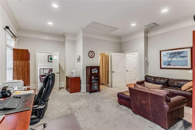 1109 Pine Grove Ave NE, Brookhaven, GA 30319 - office space featuring attic access, light colored carpet, ornamental molding, and recessed lighting