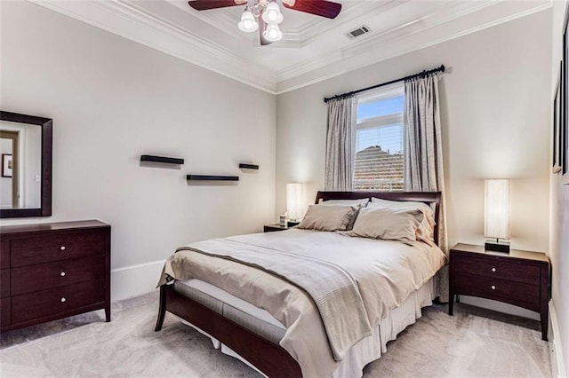 1109 Pine Grove Ave NE, Brookhaven, GA 30319 - bedroom with light colored carpet, crown molding, baseboards, ceiling fan, and a tray ceiling