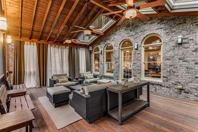 1109 Pine Grove Ave NE, Brookhaven, GA 30319 - sunroom / solarium with a deck, wood-type flooring, beamed ceiling, high vaulted ceiling, and wood ceiling