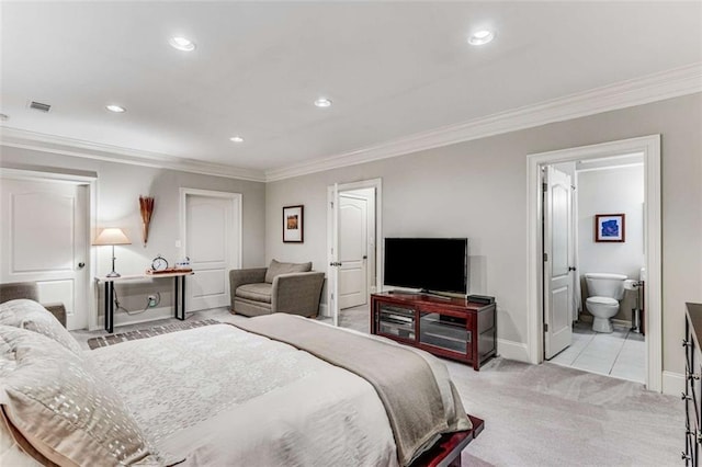 1109 Pine Grove Ave NE, Brookhaven, GA 30319 - bedroom with baseboards, ornamental molding, light colored carpet, recessed lighting, and connected bathroom