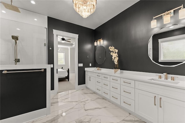 full bathroom featuring walk in shower, ensuite bath, marble finish floor, and a sink