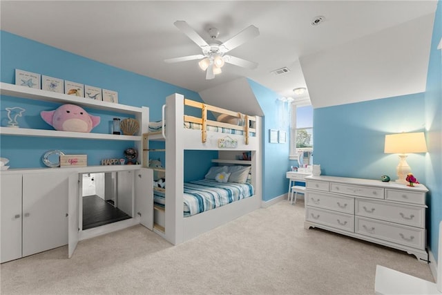 bedroom featuring ceiling fan, carpet floors, and visible vents