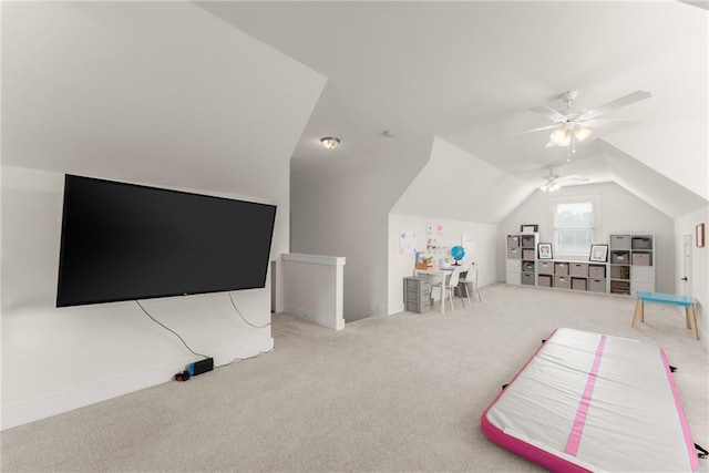 game room featuring lofted ceiling, a ceiling fan, and carpet floors