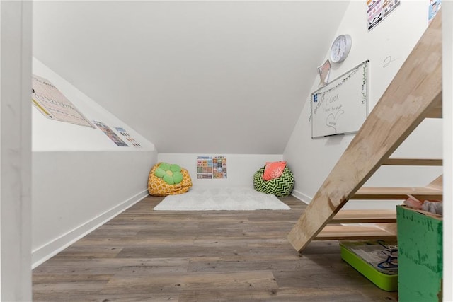 interior space featuring lofted ceiling, wood finished floors, and baseboards