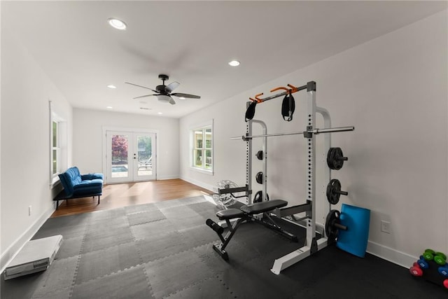 exercise room with french doors, baseboards, recessed lighting, wood finished floors, and ceiling fan