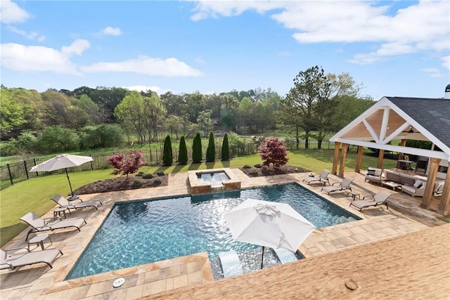 view of pool with fence, a gazebo, a yard, and a patio