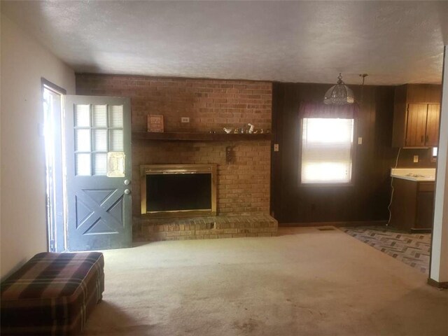 5927 Sherrie Ln, Powder Springs, GA 30127 - unfurnished living room featuring carpet, a wealth of natural light, and a fireplace