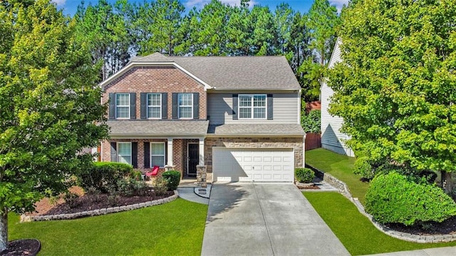 view of front of property with a garage and a front yard