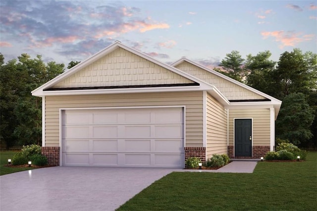 view of front of home with brick siding, concrete driveway, and a front yard