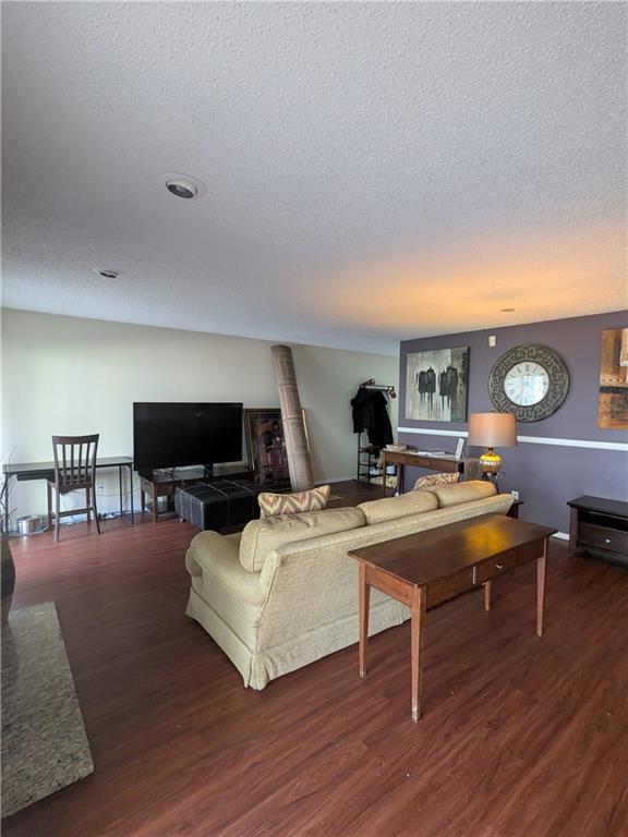 living room with dark hardwood / wood-style flooring and a textured ceiling