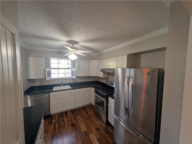 kitchen with white cabinetry, sink, dark hardwood / wood-style flooring, stainless steel appliances, and a textured ceiling