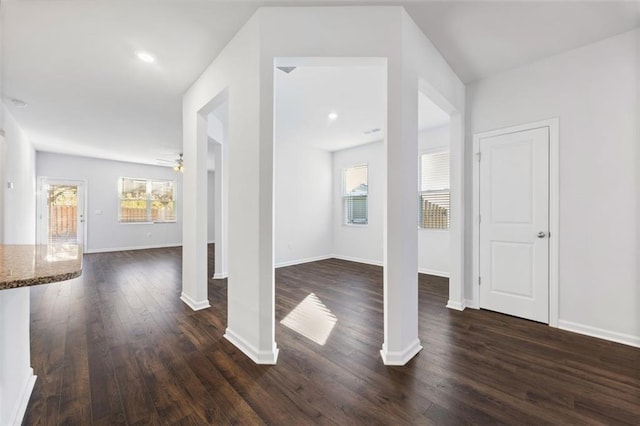 interior space with ceiling fan and dark hardwood / wood-style floors