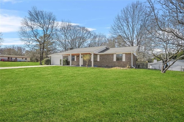 single story home featuring concrete driveway, a garage, brick siding, and a chimney
