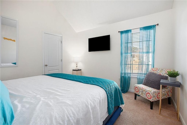 bedroom with carpet and lofted ceiling