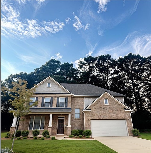 1147 Halletts Peak Pl, Lawrenceville, GA 30044 - craftsman house with concrete driveway, a front yard, brick siding, and an attached garage