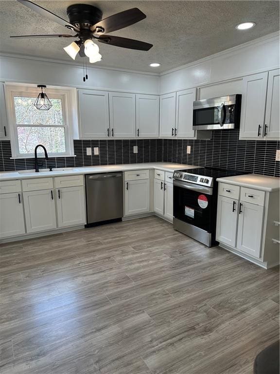 3967 Evelyn Dr, Powder Springs, GA 30127 - kitchen with decorative backsplash, white cabinets, appliances with stainless steel finishes, and ceiling fan