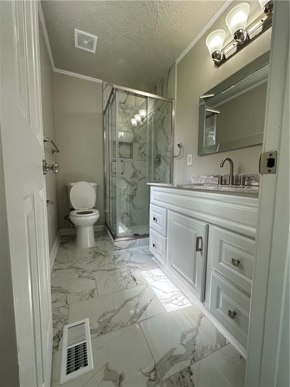 3967 Evelyn Dr, Powder Springs, GA 30127 - bathroom with a marble finish shower, ornamental molding, a textured ceiling, toilet, and marble finish floor