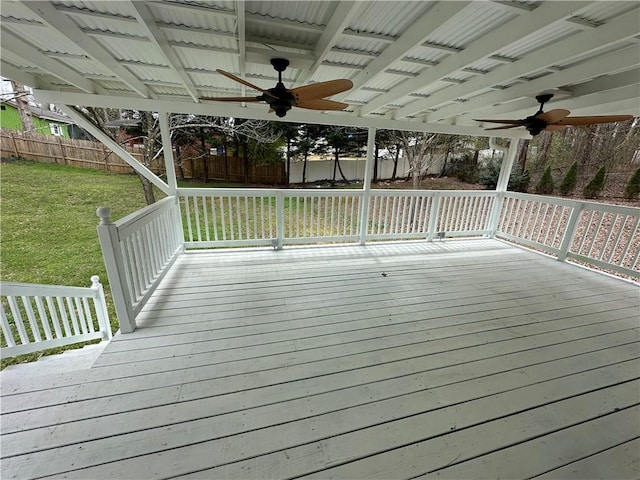 3967 Evelyn Dr, Powder Springs, GA 30127 - wooden deck with a yard, fence, and ceiling fan