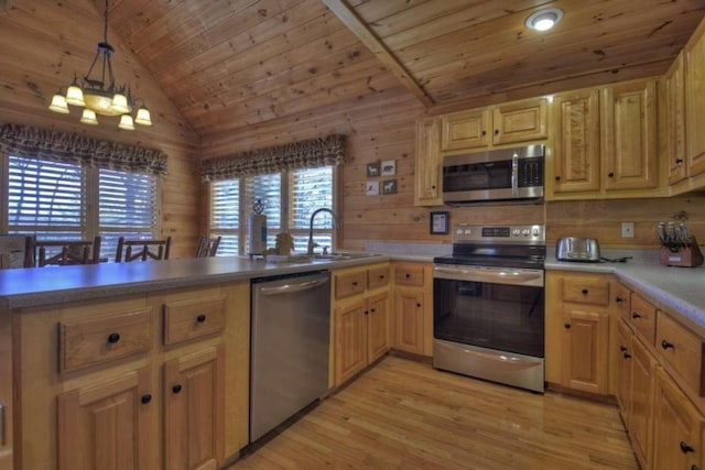 kitchen featuring wood walls, appliances with stainless steel finishes, light hardwood / wood-style floors, wood ceiling, and lofted ceiling