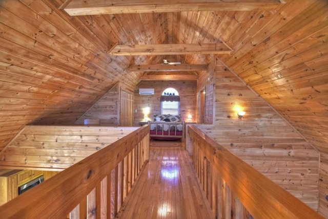 corridor with wooden ceiling and hardwood / wood-style flooring