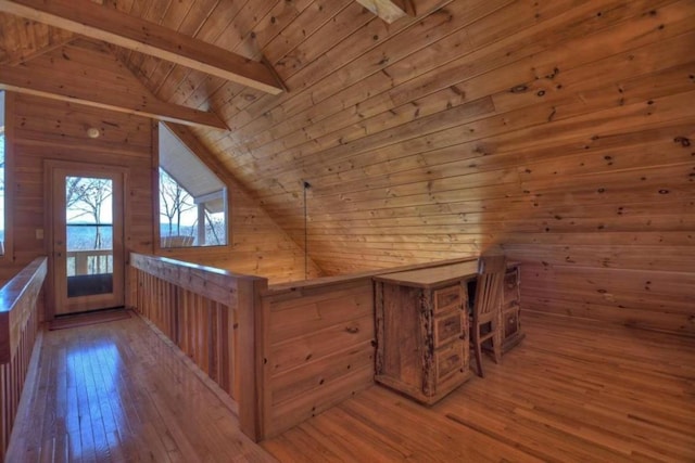 additional living space with lofted ceiling with beams, hardwood / wood-style flooring, wood ceiling, and wooden walls