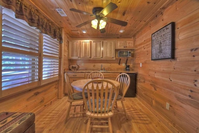 dining area with sink, light wood-type flooring, wooden ceiling, wooden walls, and ceiling fan