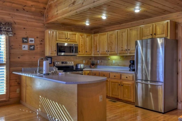 kitchen featuring light wood-type flooring, appliances with stainless steel finishes, wood ceiling, and wooden walls