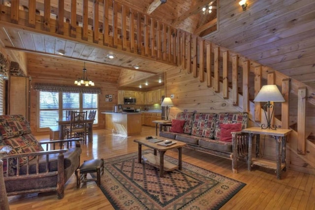 living room featuring a notable chandelier, high vaulted ceiling, light hardwood / wood-style floors, and wood ceiling