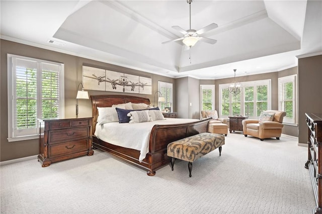 1235 Grand View Dr SE, Smyrna, GA 30126 - bedroom with a raised ceiling, light colored carpet, baseboards, crown molding, and a chandelier