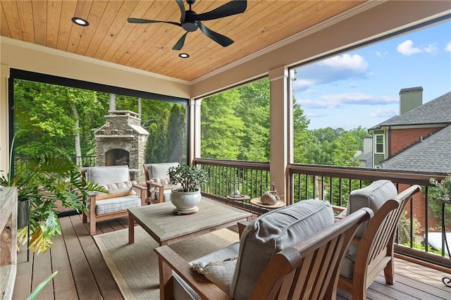 1235 Grand View Dr SE, Smyrna, GA 30126 - wooden terrace with an outdoor living space with a fireplace and ceiling fan