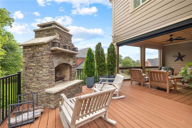1235 Grand View Dr SE, Smyrna, GA 30126 - wooden terrace with an outdoor living space with a fireplace and ceiling fan