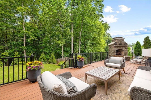 1235 Grand View Dr SE, Smyrna, GA 30126 - deck featuring an outdoor living space with a fireplace and a lawn