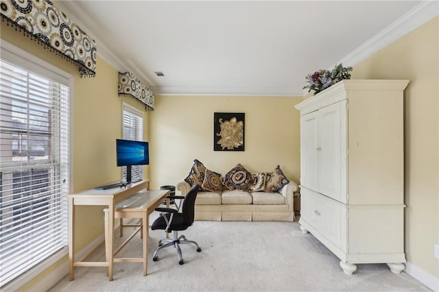 office space featuring ornamental molding and light carpet