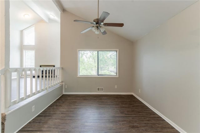 unfurnished room featuring baseboards, dark wood finished floors, ceiling fan, visible vents, and lofted ceiling with beams