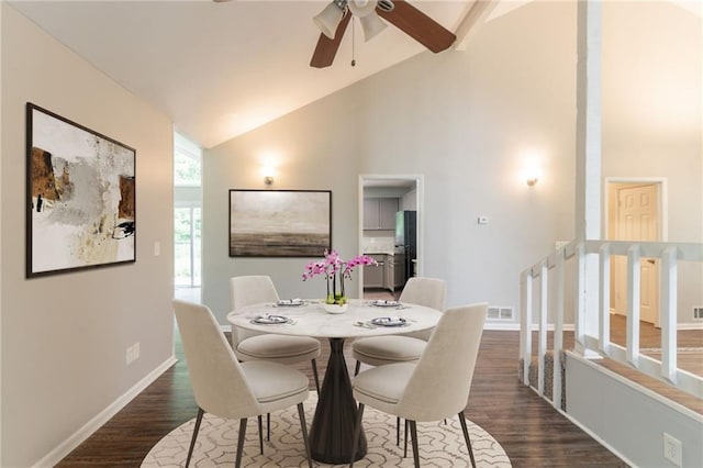 dining room with high vaulted ceiling, visible vents, dark wood-style flooring, baseboards, and ceiling fan