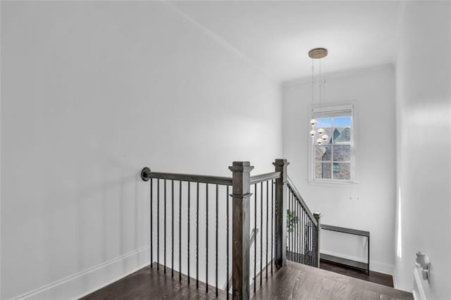 stairway featuring ornamental molding, baseboards, and wood finished floors