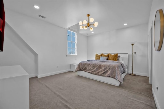 carpeted bedroom with an inviting chandelier, baseboards, visible vents, and recessed lighting